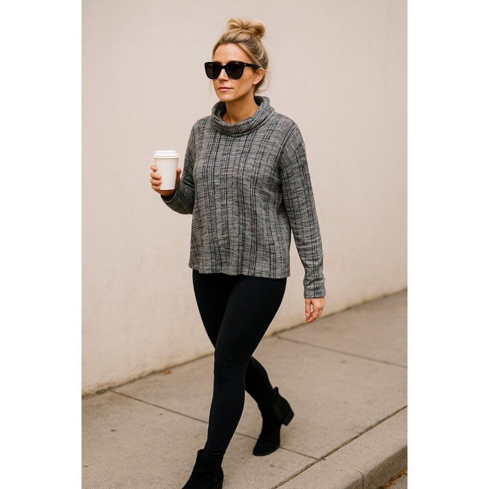 Knox Rose Plaid Cowl Neck Sweater Top XXL Gray Black Cozy Stretch Lounge